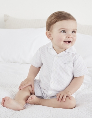 Organic Cotton Elephant Embroidered Seersucker Shortie Sleepsuit (0