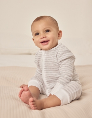 Organic Cotton Elephant Pocket Striped Zip Sleepsuit (0–24mths)