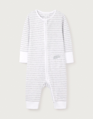 Organic Cotton Elephant Pocket Striped Zip Sleepsuit (0–24mths)