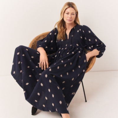 Organic Cotton Embroidered Bib Detail Midi Dress