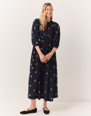 Organic Cotton Embroidered Bib Detail Midi Dress