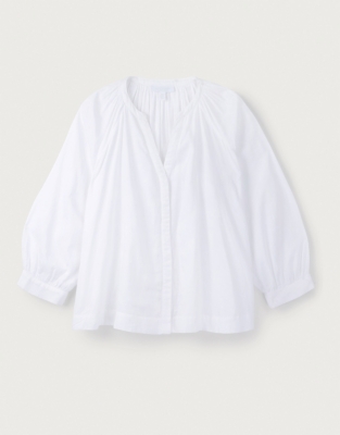 Gathered Front LS Cotton Blouse White