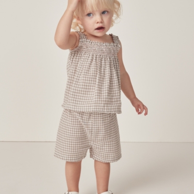 Organic Cotton Gingham Hand Smocked Top & Shorts Set (0–18mths)