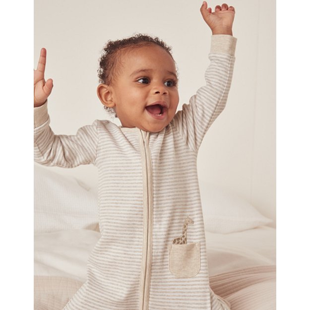 Organic Cotton Giraffe Pocket Stripe Sleepsuit (0–24mths) | Baby Sleepsuits | The White Company