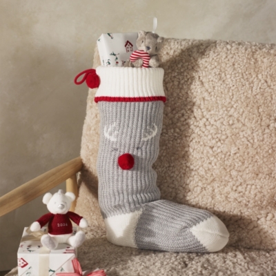 Organic Cotton Grey Knitted Jingles Reindeer Stocking