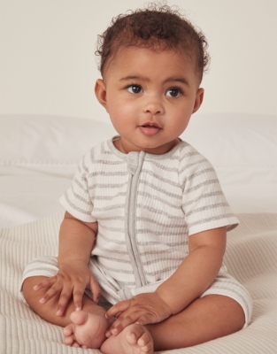Organic Cotton Grey Stripe Rib Zip Shortie (0—24mths) Baby Sleepsuits