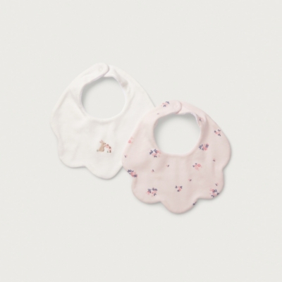 Organic Cotton Hattie Floral & Bunny Embroidered Scallop Bibs – Set of 2