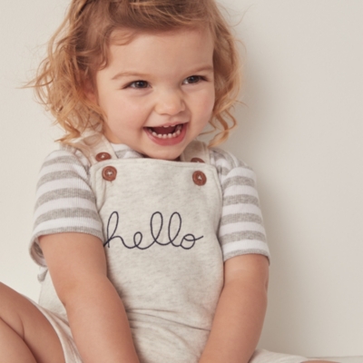 Organic Cotton Hello Embroidered Dungarees & T-Shirt Set (0–24mths)