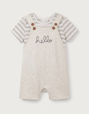 Organic Cotton Hello Embroidered Dungarees & T-Shirt Set (0–24mths)