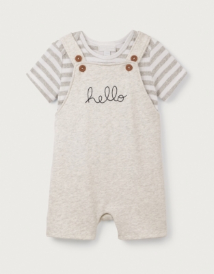 Organic Cotton Hello Embroidered Dungarees & T-Shirt Set (0–24mths)