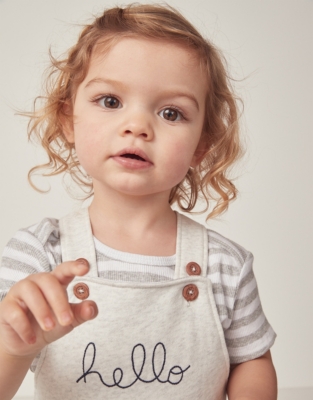 Organic Cotton Hello Embroidered Dungarees & T-Shirt Set (0–24mths)