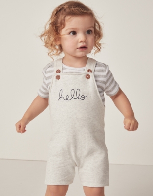 Organic Cotton Hello Embroidered Dungarees & T-Shirt Set (0–24mths)