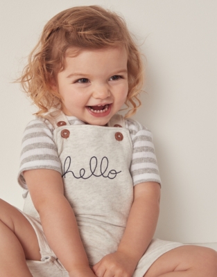Organic Cotton Hello Embroidered Dungarees & T-Shirt Set (0–24mths)