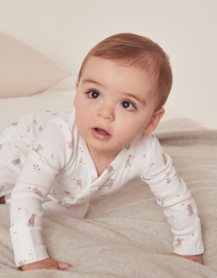 Organic Cotton Honey Bear Waffle Popper Sleepsuit (09mths) Baby