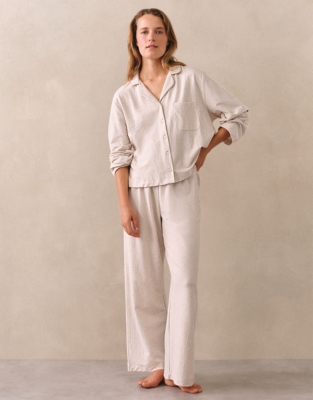 Organic Cotton Jersey Fine Stripe Relaxed Pyjama Set - Oatmeal Stripe