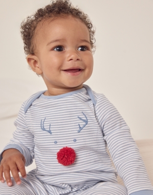 Organic Cotton Jingles Reindeer Blue Stripe Sleepsuit (0–24mths)