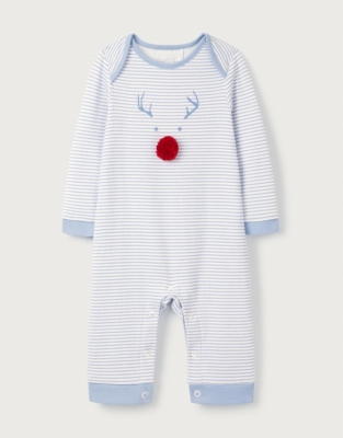 Organic Cotton Jingles Reindeer Blue Stripe Sleepsuit (0–24mths)