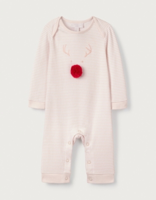 Organic Cotton Jingles Reindeer Pink Stripe Sleepsuit (0–24mths)