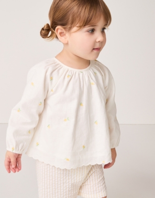 Organic Cotton Linen Lemon Top & Seersucker Stripe Shorts Set (0–18mths)