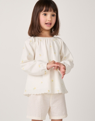 Organic Cotton Linen Lemon Top & Seersucker Stripe Shorts Set (18mths–6yrs)