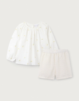 Organic Cotton Linen Lemon Top & Seersucker Stripe Shorts Set (18mths–6yrs)
