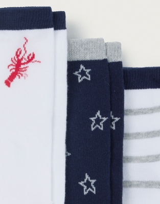 Organic Cotton Lobster & Star Print Socks – Set of 3 (0–6yrs)