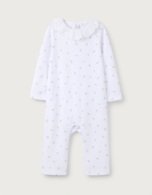 Organic Cotton Mimi Floral Lace Collar Pointelle Sleepsuit (0–24mths)