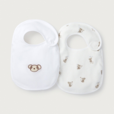 Organic Cotton Monkey Waffle & Embroidered Bib – Set of 2