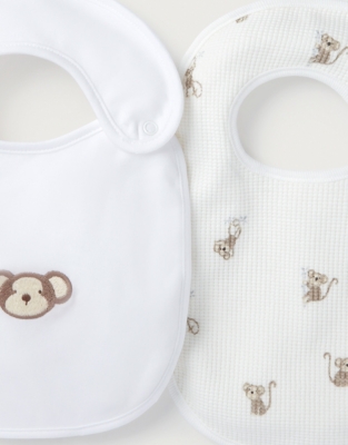 Organic Cotton Monkey Waffle & Embroidered Bib – Set of 2