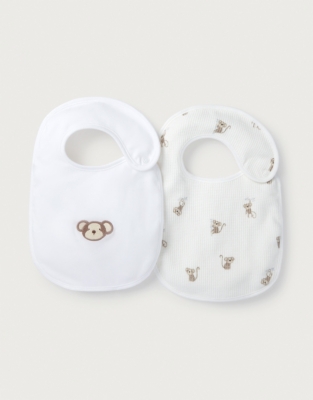 Organic Cotton Monkey Waffle & Embroidered Bib – Set of 2