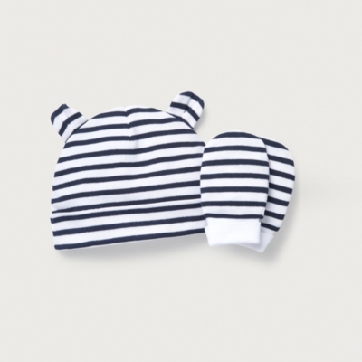 Organic Cotton Navy Stripe Hat & Mitts Set (0–12mths)