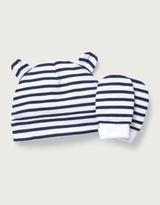 Organic Cotton Navy Stripe Hat & Mitts Set (0–12mths)