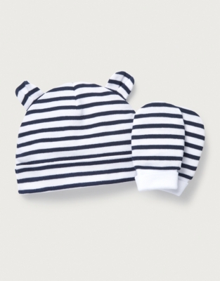  Organic Cotton Navy Stripe Hat & Mitts Set (0–12mths)