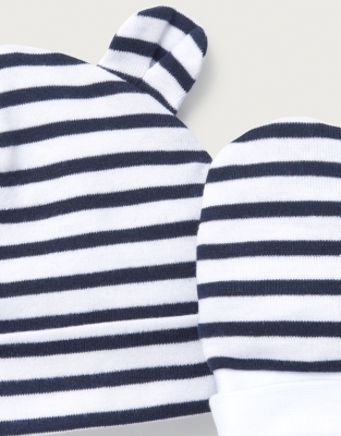  Organic Cotton Navy Stripe Hat & Mitts Set (0–12mths)