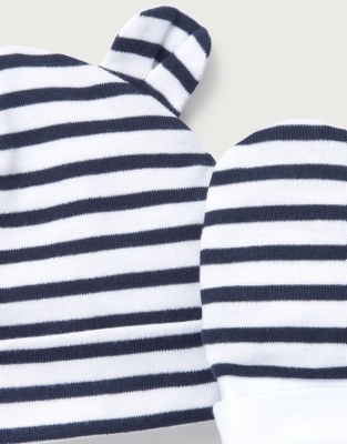 Organic Cotton Navy Stripe Hat & Mitts Set (0–12mths)