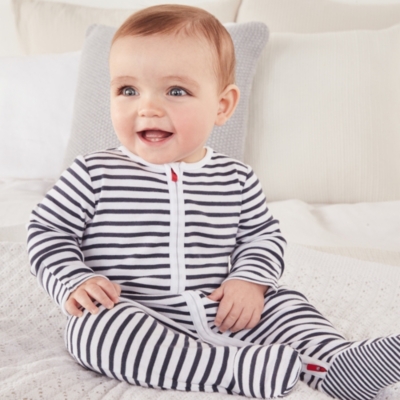 Organic Cotton Navy Stripe Zip Sleepsuit (0–24mths)