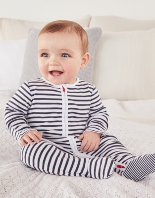 Organic Cotton Navy Stripe Zip Sleepsuit (0–24mths)