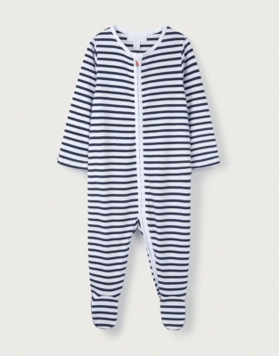 Organic Cotton Navy Stripe Zip Sleepsuit (0–24mths)