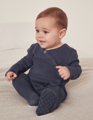 Organic Cotton Navy Wrap Over Waffle Sleepsuit (09mths) Baby