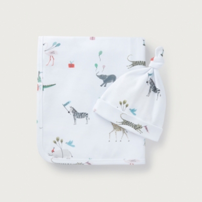 Organic Cotton Party Animals Reversible Blanket & Hat Set (0–12mths)