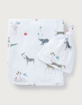 Organic Cotton Party Animals Reversible Blanket & Hat Set (0–12mths)