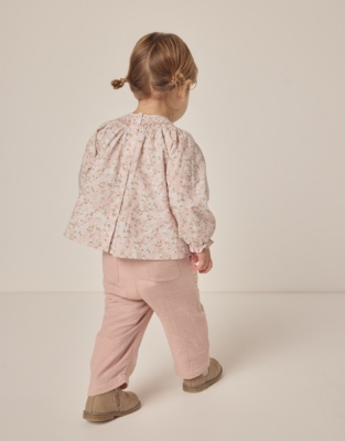 Organic Cotton Petunia Hand Smocked Blouse & Crinkle Trousers Set (0–18mths)