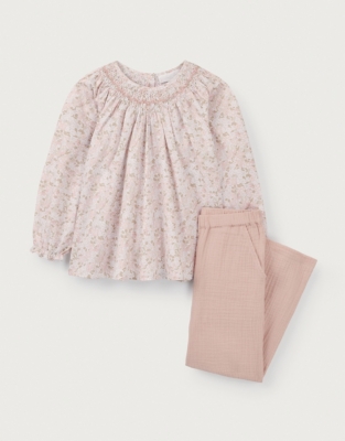 Organic Cotton Petunia Hand Smocked Blouse & Crinkle Trousers Set (0–18mths)