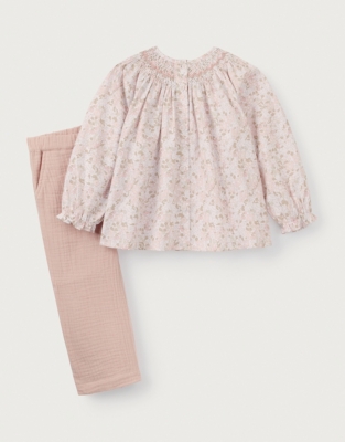 Organic Cotton Petunia Hand Smocked Blouse & Crinkle Trousers Set (18mths–6yrs)
