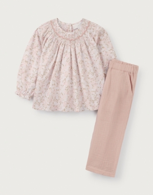 Organic Cotton Petunia Hand Smocked Blouse & Crinkle Trousers Set (18mths–6yrs)