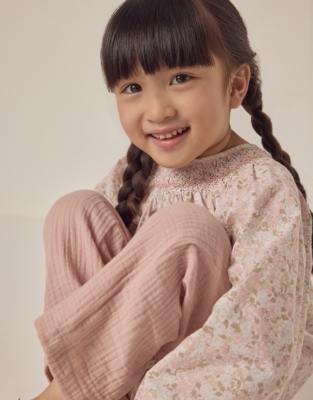 Organic Cotton Petunia Hand Smocked Blouse & Crinkle Trousers Set (18mths–6yrs)