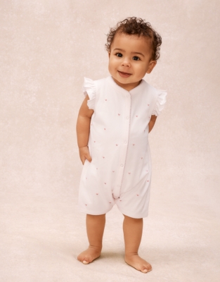 Organic Cotton Pink Heart Embroidered Frill Shortie Sleepsuit (0–2yrs)