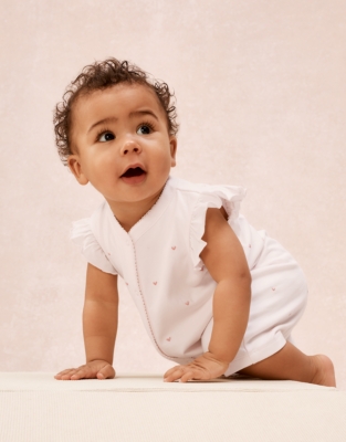 Organic Cotton Pink Heart Embroidered Frill Shortie Sleepsuit (0–2yrs)