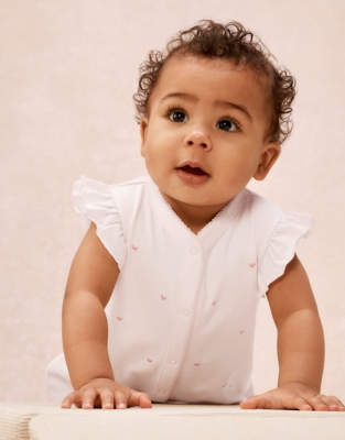 Organic Cotton Pink Heart Embroidered Frill Shortie Sleepsuit (0–2yrs)