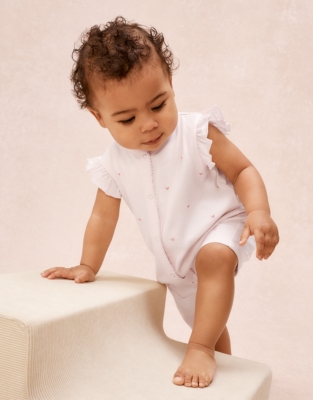 Organic Cotton Pink Heart Embroidered Frill Shortie Sleepsuit (0–2yrs)
